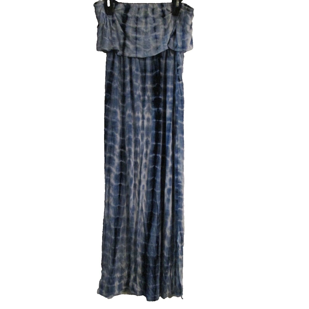Brit & Bri Ruffle Strapless Small Elastic Waist Tye Dye Blue White Sundress Midi
